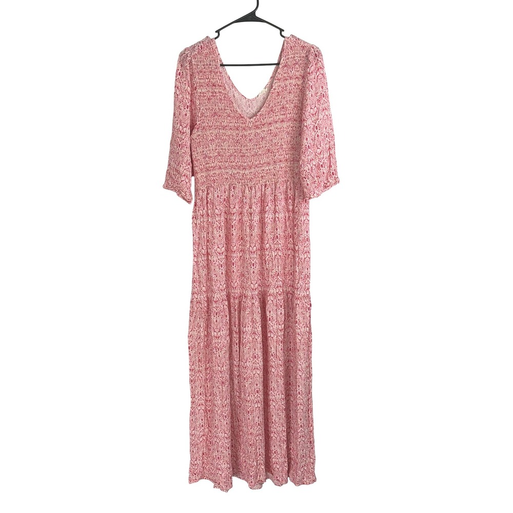 Caslon Women Paisley Boho Beach Vacation Maxi Dress Smocked Tiered Red White XL
